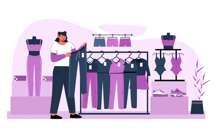 Girl Looking for a New Outfit at a Clothes Shop Flat Character Design Illustration